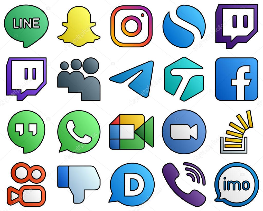 20 Modern icons google meet. google hangouts. telegram and facebook Filled Line Style Social Media Icon Collection