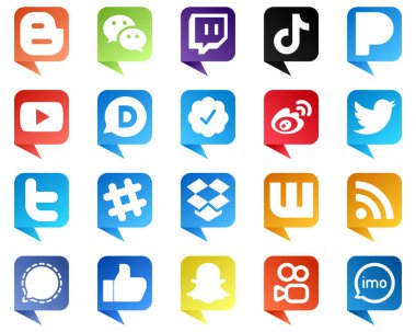 Çin gibi 20 Stili Sohbet baloncuk stili Sosyal Medya Simgeleri. weibo. Porselen. Twitter onaylı rozet ve video simgeleri. Zarif ve eşsiz.