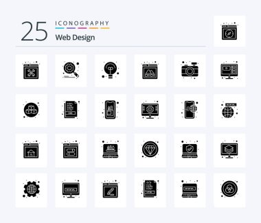 Web Tasarımı 25 Solid Glyph simge paketi ve kamera. Ağ. Ara. Fotoğraf. Ağ