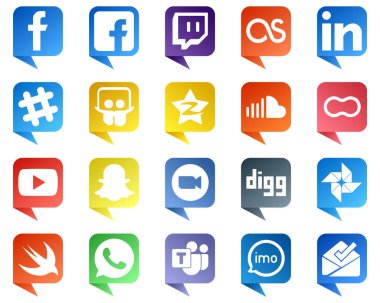 Kadınlar gibi 20 Profesyonel Sohbet baloncuk stili Sosyal Medya Simgesi. Fıstık. Slayt paylaşımı. Müzik ve ses bulutu simgeleri. Modern ve profesyonel