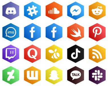 Fb gibi altıgen Düz Renk Beyaz Simge Kümesi. Haberci. Video ve imo simgeleri. 25 Modern Simge