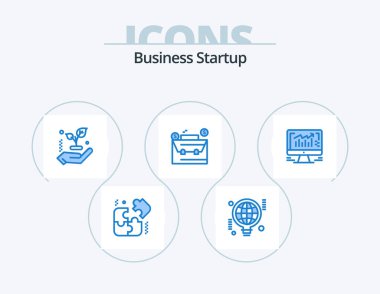 Business Startup Blue Icon Pack 5 Simge Tasarımı. Monitör. Grafik. Yaprak. Bilgisayar. dosya