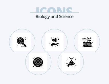 Biyoloji Glifi Simgesi 5 Simge Tasarımı. Bahçe. Kitap. Laboratuvar. İlaç. kapsül