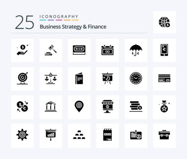 Business Strategy And Finance 25 Solid Glyph icon pack including calendar . note. hammer . currency . money
