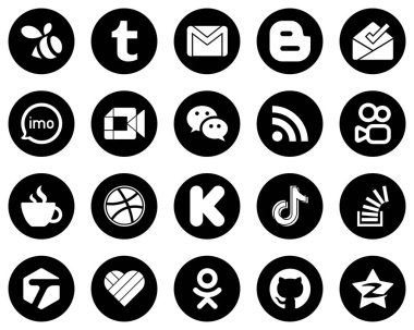 20 Unique White Social Media Icons on Black Background such as rss. wechat. imo and google meet icons. Elegant and high-resolution
