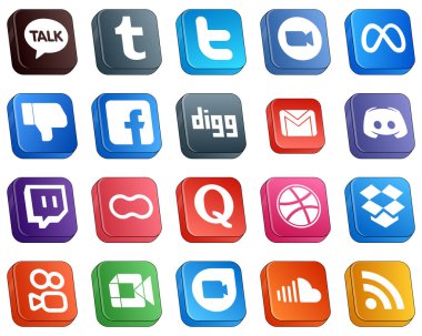 20 Isometric 3D Icons for Top Social Media Platforms such as email. digg. meta and facebook icons. Minimalist and professional