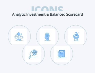 Analytic Investment And Balanced Scorecard Blue Icon Pack 5 Icon Design. conclusion. algorithm. degree. strategy. measure