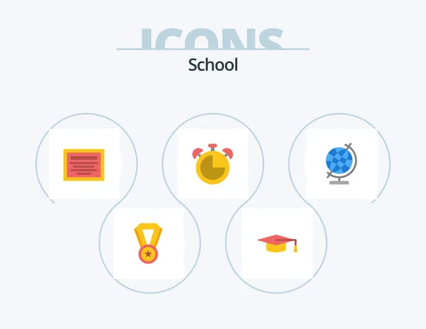 School Flat Icon Pack Icon Design Globe Note Geography Timer — Vetor de Stock