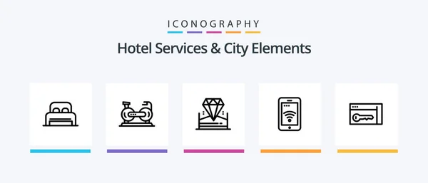 Otel Hizmetleri Şehir Elementleri Hattı Icon Paketi Dahil Mzala Otelde — Stok Vektör