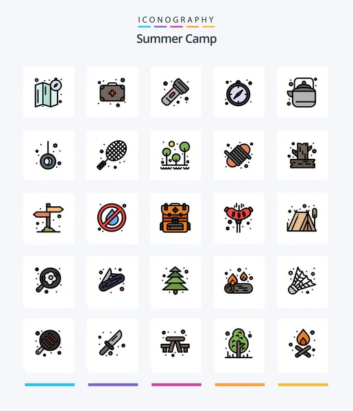 Creative Summer Camp Line Fylld Ikon Pack Såsom Tekanna Gräs — Stock vektor