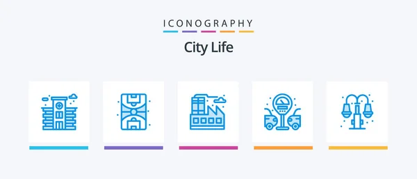 City Life Blue Icon Pack Dahil Yumru Fabrika Işık Şehir — Stok Vektör