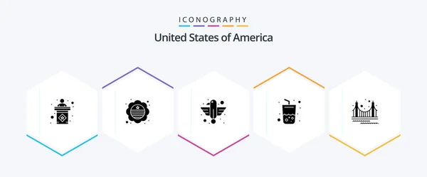 Usa Glyph Icon Pack Including Bridge Summer American Drink State — 图库矢量图片