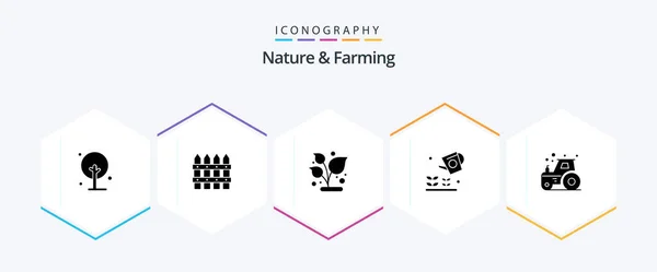 Nature Farming Glyph Symbolpaket Mit Bauernhof Streuer Wachstum Natur Landwirtschaft — Stockvektor