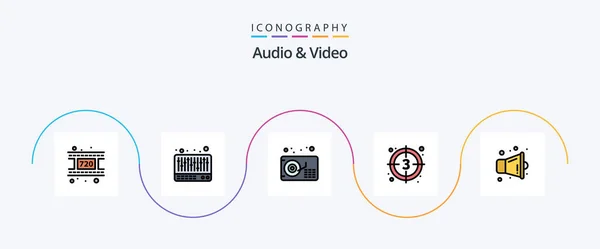 音频和视频线路填充平面5图标包包括 多媒体 扩音器开始吧 — 图库矢量图片