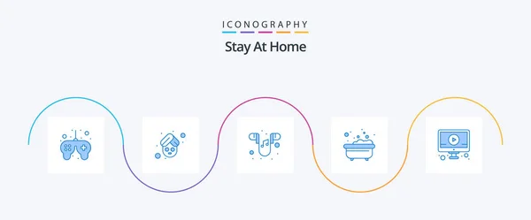 Stay Home Blue Icon Pack Including Education Bathtub Mask Bathing — Archivo Imágenes Vectoriales