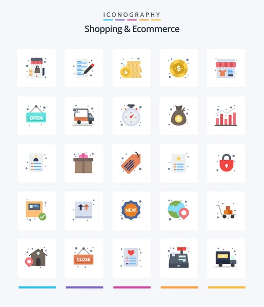 Creative Shopping Ecommerce Flat Icon Pack Open Shopping Coin Shop — Stok Vektör