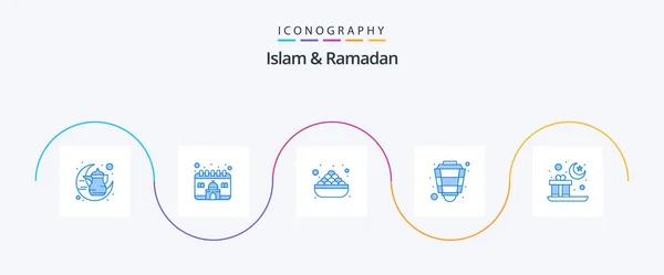 伊斯兰教和斋月蓝色5号图标包包括拉面 Ramadan — 图库矢量图片