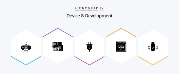 Device Development Glyph Icon Pack Including Share Coding Electric Code — Stockový vektor