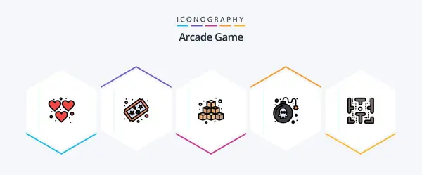 Arcade Filledline Icon Pack Including Maze Game Cubes Danger Play — ストックベクタ
