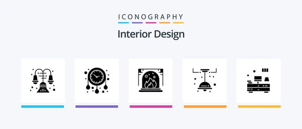 Design Interiéru Glyph Icon Pack Včetně Tabulky Počítač Komín Zdobit — Stockový vektor
