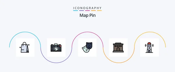 Map Pin Line Filled Flat Icon Pack Including Tower Theatre — Stockvector