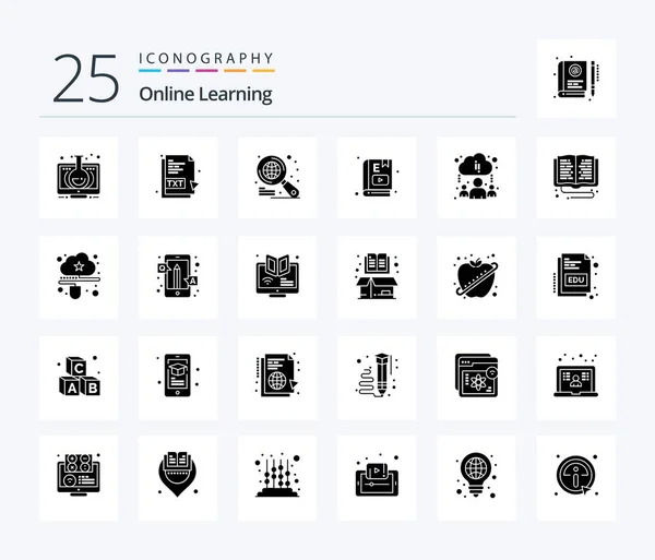 Online Learning Solid Glyph Icon Pack Including Cloud Learning File — Wektor stockowy