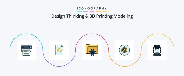 Design Thinking Printing Modeling Line Filled Flat Icon Pack Incluindo — Vetor de Stock