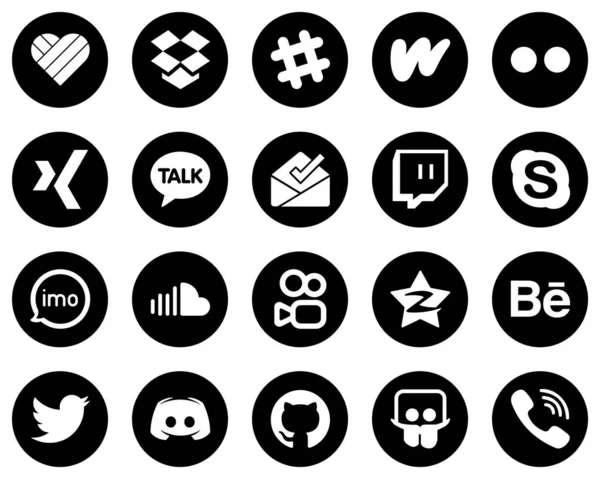 20 Clean White Social Media Icons on Black Background such as soundcloud. video. kakao talk. audio and chat icons. Modern and minimalist
