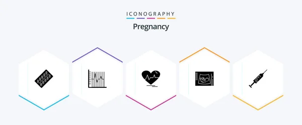 Schwangerschaft Glyph Icon Pack Mit Sonogramm Mutterschaft Geduld Beat Herzschlag — Stockvektor