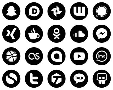 20 Clean White Social Media Icons on Black Background such as fb. messenger. caffeine. music and soundcloud icons. Versatile and high-quality
