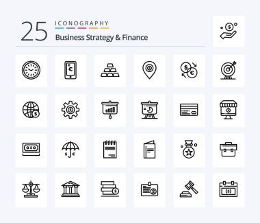 Business Strategy And Finance 25 Line icon pack including pin . location . shopping. gold bar