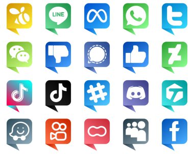 Chat bubble style Social Media Icons Pack 20 icons such as tiktok. facebook. messenger. like and mesenger icons. High resolution and fully customizable