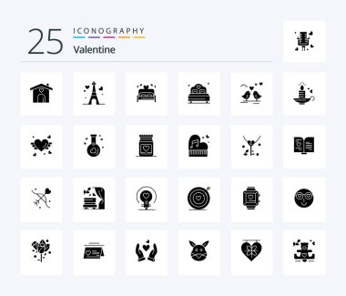 Valentine 25 Solid Glyph icon pack including love. love. tower. day. valentine