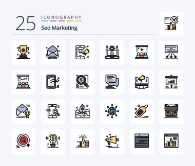 Seo Marketing 25 Line Filled icon pack including web. seo. inbox. online. shopping