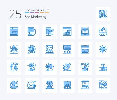 Seo Marketing 25 Blue Color icon pack including up. like. sms. stat. mobile