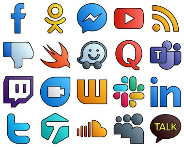 20 Modern icons microsoft team. quora. video. waze and facebook Filled Line Style Social Media Icon Collection