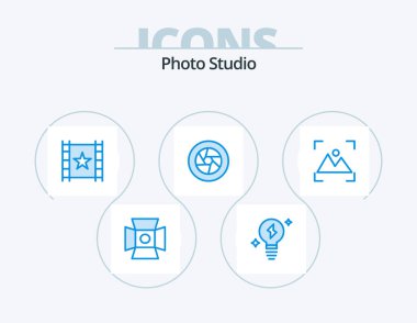 Fotoğraf Stüdyosu Mavi Simge Paketi 5 Simge Tasarımı. Odaklan. Fotoğraf. Oyuncu. Film. film