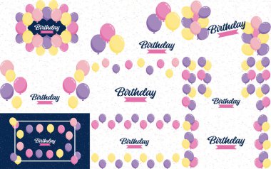 Happy Birthday text with a chalkboard-style background and hand-drawn elements such as streamers and balloons.