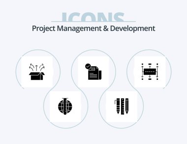 Proje Yönetimi ve Geliştirme Sembol Paketi 5 Simge Tasarımı. Özellik. Tamam. eşyalar. Ürün. başlatma