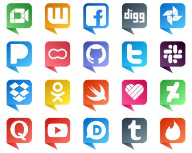 Sohbet baloncuğu tarzı Simgeler Popüler Sosyal Medya 20 paketi, örneğin dropbox. tweet. Google 'da arat. Twitter ve kadın ikonları. Yüksek çözünürlüklü ve eşsiz