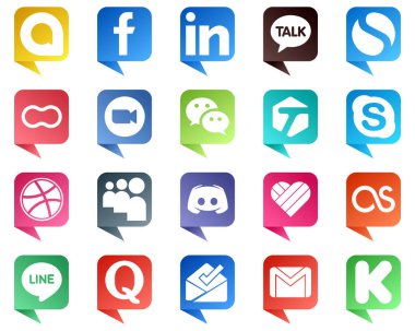 Etiketlenmiş gibi büyük sosyal medya platformlarının 20 Sohbet baloncuk stili simgesi. Konuşuyoruz. fıstık ve video ikonları. Çok yönlü ve prim