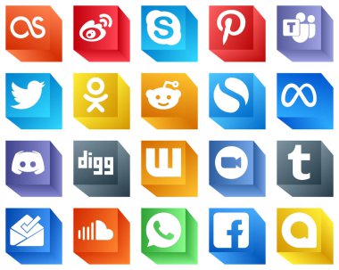 Reklam için 3D Sosyal Medya Simgeleri Anlaşmazlık gibi 20 Simge Paketi. meta. Mikrosoft takımı. Basit ve odnoklassniki simgeleri. Modern ve profesyonel