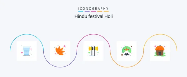 Holi Flat Pack Icônes Incluant Cabane Turban Musique Personne Indienne — Image vectorielle