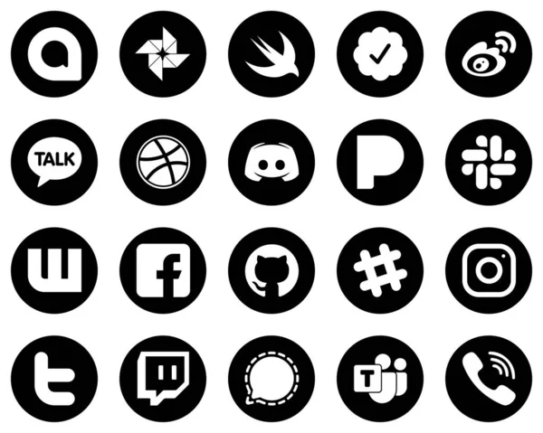 Modern White Social Media Icons Black Background Facebook Slack Kakao — Stock Vector