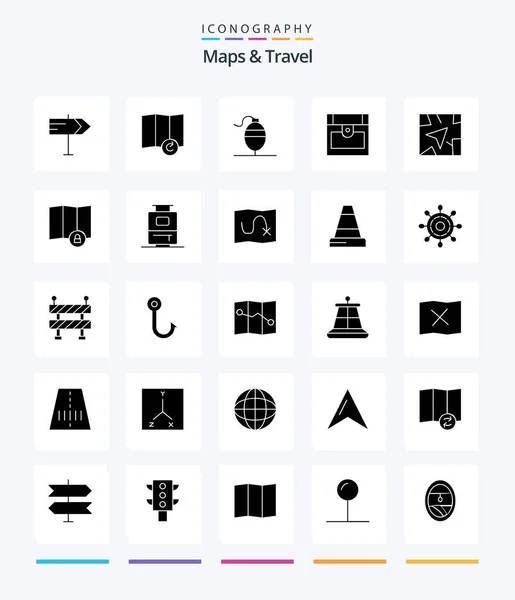 Creative Maps Travel Glyph Solid Black Icon Pack Bag Lock — Stock Vector