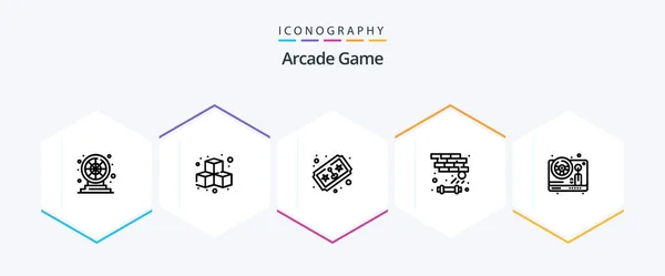 Arcade Line Icon Pack Including Wheel Play Ticket Game Brick — ストックベクタ