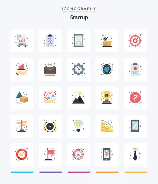 Creative Startup Pack Icônes Plates Comme Cible Flèche Sablier Boîte — Image vectorielle