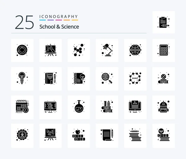 School Science Solid Glyph Icon Pack Including Global Atom Study — Vettoriale Stock