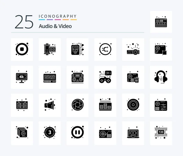 Audio Video Solid Glyph Icon Pack Including Presentation Shuffle Multimedia — Stock Vector