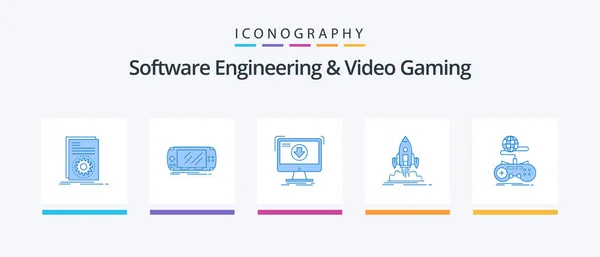Software Engineering Video Gaming Blue Icon Pack Including Shuttle Launch — Vetor de Stock